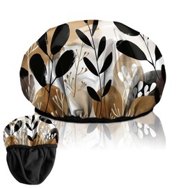 Deokke Luxury Shower Cap Terry Lined Elastic Triple Layer Waterproof Reusable Dry Hair Bathing Caps Aesthetic Cute for Women Girls-Leaf