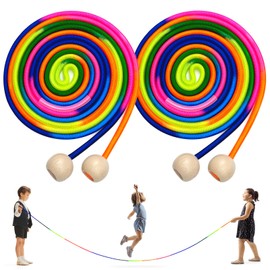HOSHINO 16 FT Long Jump Rope for Kids, Adjustable Groups Rope Skipping with Wooden Handle, Multiplayer Rainbow Jumping Rope for Outdoor Fun, School Sport, Party Game (2PCS)