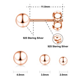 925 Sterling Silver Ball Stud Earrings Set of 3 Pairs 2mm 3mm 4mm Tiny Balls Earring Hypoallergenic Jewellery (Rose Gold)
