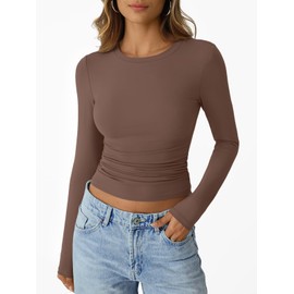 Trendy Queen Womens Long Sleeve Shirts Crop Tops Fall Fashion 2025 Going Out Basic Winter Clothes Coffee M