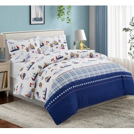 Marina Decoration Kids Boys Toddlers Cute Printed 600 Thread Count Soft Cotton Blend Percale 3 Pieces Duvet Cover Set with Corner Tie and Zipper, Nautical Sailing Boat Pattern Double/Full Size