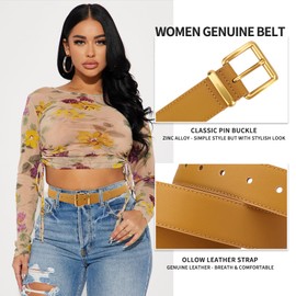 TINIDI Women Genuine Leather Belt for Jeans Pants Dress Fashion Ladies Waist Belt with Gold Buckle, 02 Brown, Fit Waist Size 33''-41''