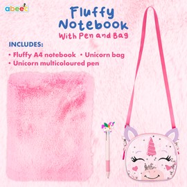 abeec Fluffy Unicorn A4 Notebook Set – Includes Girls’ Handbag, Multicoloured Pen & Lined Journal | Perfect for Unicorn Gifts, Stationery Sets & Back to School Supplies