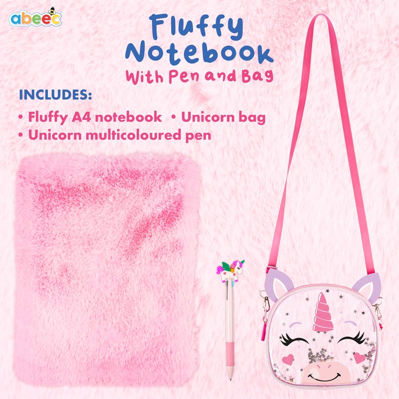 abeec Fluffy Unicorn A4 Notebook Set – Includes Girls’ Handbag,