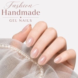 Aeollik Uñas postizas hechas a mano, cortas, ovaladas, nacaradas, color nude, 24 piezas, 12 tamaños, con pegamento para uñas y pestañas adhesivas.