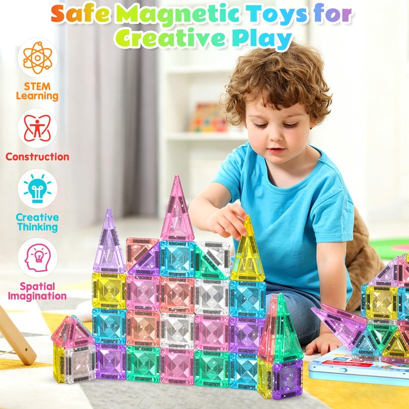 Zerxpho Mini Magnetic Tiles, 44PCS Portable Travel Magnetic Tiles Set
