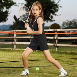 Girls Sleeveless Tennis Dress Tank Top Skorts Skirts High Waist Side Slit Outfit Athletic Sets with Shorts Pockets, 12-13Y Black