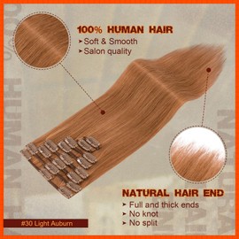 Benehair Clip on Hair Extensions Real Human Hair Auburn Hair Extensions Clip in Human Hair Long Straight Remy Natural Full Head 8pcs Real Hair Extensions for Women 20inch #30 Light Auburn