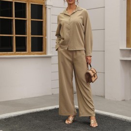 kaimimei Women's Linen 2 Piece Outfits Loungewear Set Button Down Shirt Wide Leg Pants with Pockets Comfortable Casual Khaki