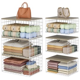 Extra-Long, Low-Profile Closet Organizers and Storage with Wood Top, 3 Pack Stackable Closet Shelf Organizer, Space-Saving Clothes Storage Bin for Wardrobe & Bedroom & Small Spaces, Sturdy (White)