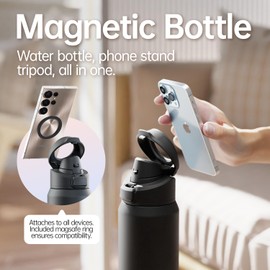 64oz Insulated Magnetic Water Bottle - Stainless Steel Vacuum Flask with MagSafe Compatible Phone Holder Keeps Drinks Cold for 24 Hours Water Jug for Gym and Outdoor Activities（Balck)