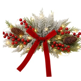 Giegxin 24 Inch Artificial Christmas Centerpiece Frosted Cedar Swag Decorations with 20 LED Lights Red Bow Red Berries and Pine Cones for Christmas Dining Tables Fireplace Mantel Front Door Windows
