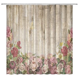 Jingjiji Flower Wooden Shower Curtain Vintage Shabby Barn Door Watercolor Pink Peony Rose Flower Spring Bloom Country Bathroom Decoration Polyester Fabric with Hook 70 x 70 Inch Brown