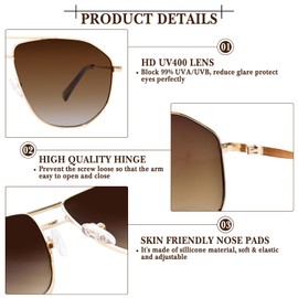 FONHCOO Trendy Oversized Aviator Sunglasses for Women Men Retro Double Bridge Metal Sun Glasses UV400 Protection Shades