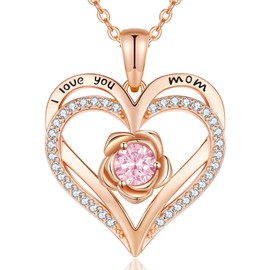 CDE Rose Flower Love Heart Birthstone Necklaces for Women 925 Sterling Silver Rose Gold Jewelry for Wife Girlfriend Mom Daughter Lady Her for Anniversary Birthday Christmas Gift (X Rose Gold-10-Oct.)