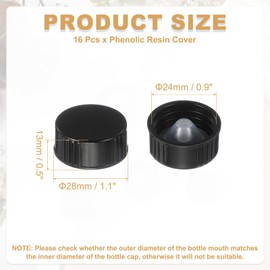 sourcing map 16 Pcs Phenolic Resin Cover, 24mm Poly Seal Screw Caps Plastic Replacement Bottle Caps Thread Plastic Lids for Chemicals Food Cosmetics Bottles, Black
