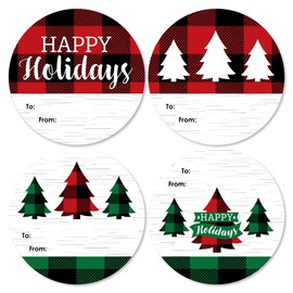 Big Dot of Happiness Holiday Plaid Trees - Round Buffalo Plaid Christmas Party to and from Gift Tags - Large Stickers - Set of 8