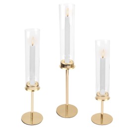 Hurricane Candle Holders 3Pcs - Gold Taper Candlestick with Glass Candlestick Lampshade for Wedding Christmas Party Table Decoration