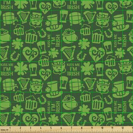 Ambesonne Tela irlandesa por The Yard, Kiss Me I'm Irish Humorous Frase con tréboles de ala, tela decorativa para tapicería y detalles del hogar, 2 yardas, verde lima