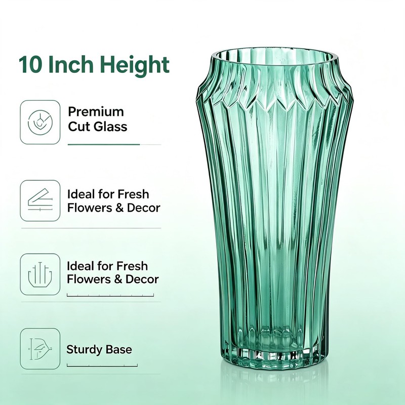 10 inch Green Glass Flower Vase for Pampas Grass, Medium