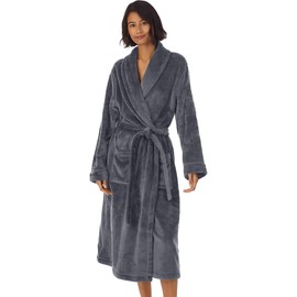 HOLOVE Womens Fleece Bathrobe - Shawl Collar Soft Plush Spa Robe(Dark Gray S/M)