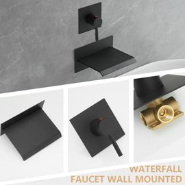 BATHLAVISH Waterfall Bathtub Faucet Wall Mount Matte Black Single Handle Bathroom Bath Faucet with Rough in Valve High Flow Waterfall Tub Spout Mixer Tap Lavatory with Tabletop