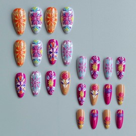 Colorful Flower Press on Nails Spring Summer False Nails Embossed Floral Designs Short Almond Shaped Acrylic Nails Glossy Fake Nails Full Cover Stick on Nails for Women DIY Manicuare 24 Pcs