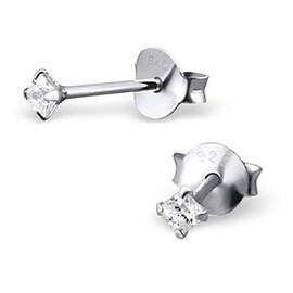 Clear Square Cubic Zirconia Stud Earrings with Crystal Stones 925 Sterling Silver - Extra Small (2mm)