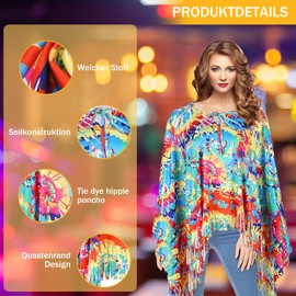 NUUOTP Hippie Costume Women's Set with Poncho, Headbands, Accessories for 60s/70s, Disco, Carnival & Theme Party