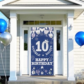 10th Birthday Decorations Door Banner, Blue Double Digits Happy 10th Birthday Backdrop Banners, Large Size Porch Background for Boys Girls, 10 Years Old Poster Photo Props Party Supplies(185x90cm)