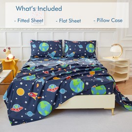 WINLIFE Galaxy Bed Sheet Set Twin for Kids Boys,3 Piece Microfiber Bed Sheets, Navy Blue Rocket Spaceship Stars Print Sheets, Soft & Breathable Sheet Set Kids Twin Bed Set Deep Pocket