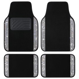 VarCozy Shining Rhinestones Floor Mat for Cars, Sparkly Glitter Crystal Car Floor Mats with Anti-Slip Heel Pad for Women, 4pcs Bling Diamond Universal Automotive Floor Mat for SUV,Sedan,Car,Van,Silver