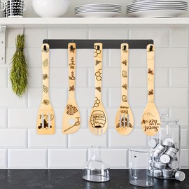 5 Pieces Bamboo Bee Spoons Cooking Utensils, Honeycomb Engraved Kitchen Tool Accessories Set, Honey Spatula Christmas Birthday Wedding Favor Gift