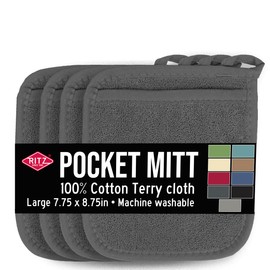 RITZ Terry Pocket Mitt & Hot Pad: Unparalleled Heat Resistant, Durable 100% Cotton – Ergonomically Designed for Optimal Grip – Easy-Care Machine Washable – 4-Pack, Graphite