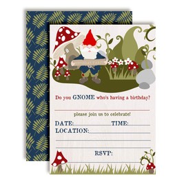 Garden Gnome Themed Birthday Party Invitations, 20 5"x7" Fill In Cards with Twenty White Envelopes by AmandaCreation