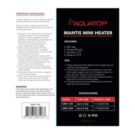 Aquatop 10W Mantis Mini Aquarium Heater - Fully Submersible for Nano Fish Tanks Up to 3 Gallons, Preset 77F Electric Thermostat, Heat-Resistant Water Heater, Small Aquarium Heaters, MMH-10W
