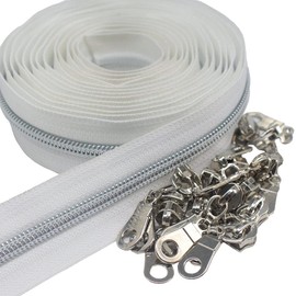 MebuZip #5 Silver Metallic Nylon Coil Zippers by The Yard Bulk Coil Zipper Roll 10 Yards with 25pcs Pulls for DIY Sewing Craft Bags (White)