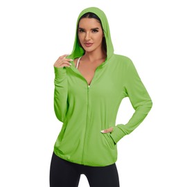 Malarocoby Women's Sun Protection Jacket UPF 50+ Full Zipper Long Sleeve UV Hoodie Shirts Outdoor Athletic Jacket with Pocket Bright Green