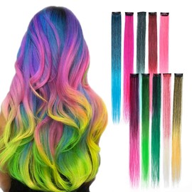 10Pcs 20" Rainbow Color Straight Hair Extensions Clip in Multi-Color Synthetic Coloured Clip on Hair Extension Party Highlights Hairpiece #Rainbow-2