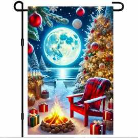 BlissYard Christmas Garden Flag 12x18 Inch Full Moon Over Fireplace Scene with Tree and Gifts Yard Flag Double Sided Outdoor Winter Welcome Flag for Holiday Lawn Décor