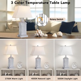 Hamucd Coastal Table Lamps Set of 2, Beach Living Lamps for Bedroom with USB A+C, Antique Grey Modern Resin LED 3-Color Temperature Bedside Nautical Decor, Nightstand Tropical Lamps for End Table.