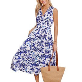 CUPSHE Women Tiered Ruffle Midi Floral Summer Dress Surplice V Neck Elastic Waist Casual Vacation Spring Beach Dresses with Pockets, Blue Blooms L