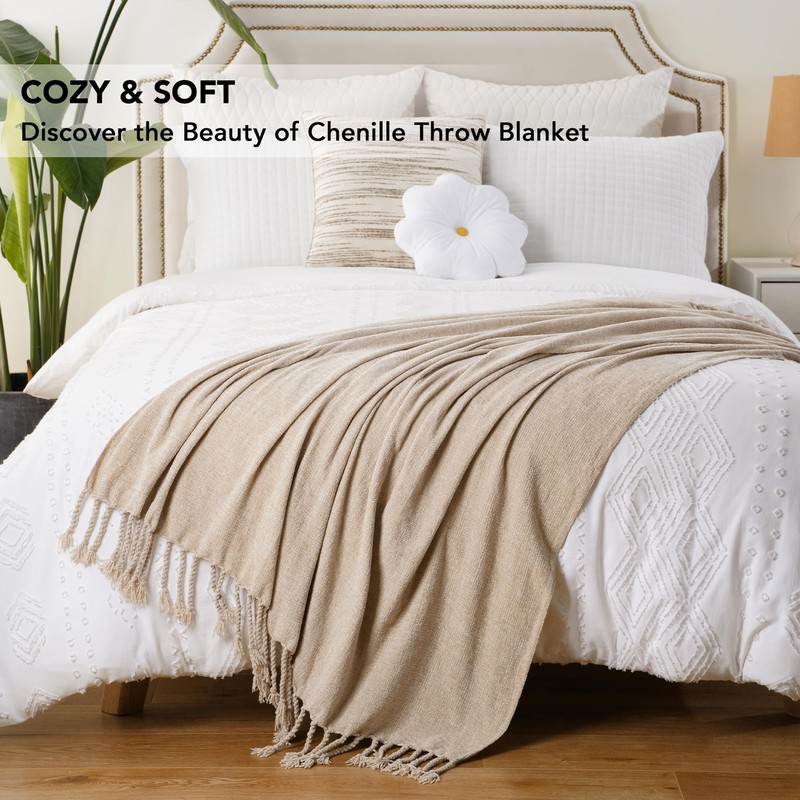 BATTILO HOME Beige Throw Blanket for Sofa Bed Couch Chair,