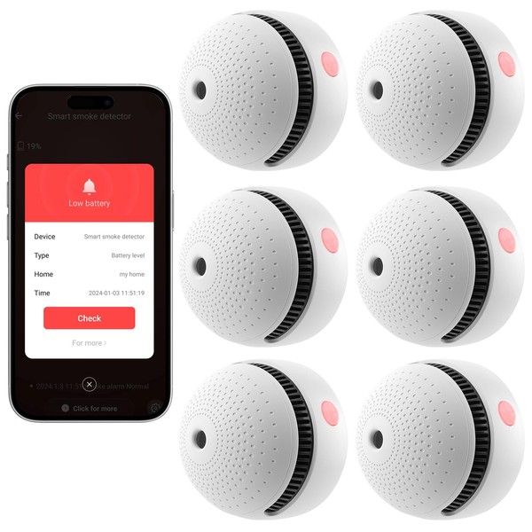 6-Pack Smart Smoke Detector with 10-Year Battery(Replaceable),Wi-Fi Smoke Detector with