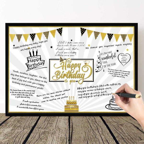 Outus Birthday Card decoration Happy Birthday Jumbo Message Greeting Cards Black and Gold Balloons Stars Birthday Party Decoration Card Guest Book Alternative Sign Poster for men women (General Type)