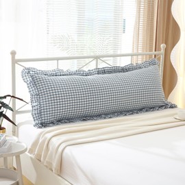 K MASANIJI Dust Blue White Plaid Gingham Body Pillow Cover with Ruffles 20x54 inches, 100% Cotton Rustic French Country Vintage Fall Pillow Shams for Bed/Sofa (20x54 inches, Dust Blue/White Plaid)