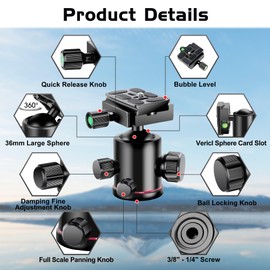 Manbily Camera Ball Head 36 mm 360° Rotatable Tripod Head Photography with Quick Release Plate and Spirit Level, Metal Aluminium, Suitable for Tripod, DSLR, Camcorder, Monopod, Max Load 8 kg