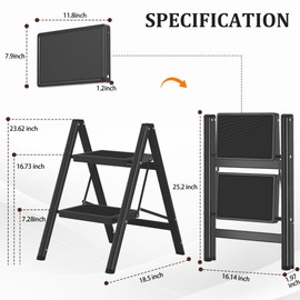 DIAMONDFORGE 2 Step Ladder, Folding Step Stool with Anti-Slip Wide Pedal, Anti-Slip Feet, Sturdiest Steel Construction, Steel Ladder for Home and Office, Black