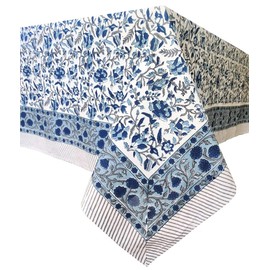 ATOSII Jodhpur Blue 100% Cotton Rectangle Tablecloth, Handblock Floral Linen Table Cloth for Kitchen Dining Table I Parties Wedding Outdoors Holidays I Home Decor 72 X 108 Inches