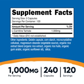Nutricost L-Carnitine Tartrate 500mg, 240 Capsules - 1000mg Per Serving (3 Bottles)
